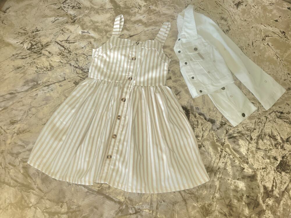 Nannette Girls 2pc Dress Set Striped Sundress & Embroidered White Jacket NWOT 7